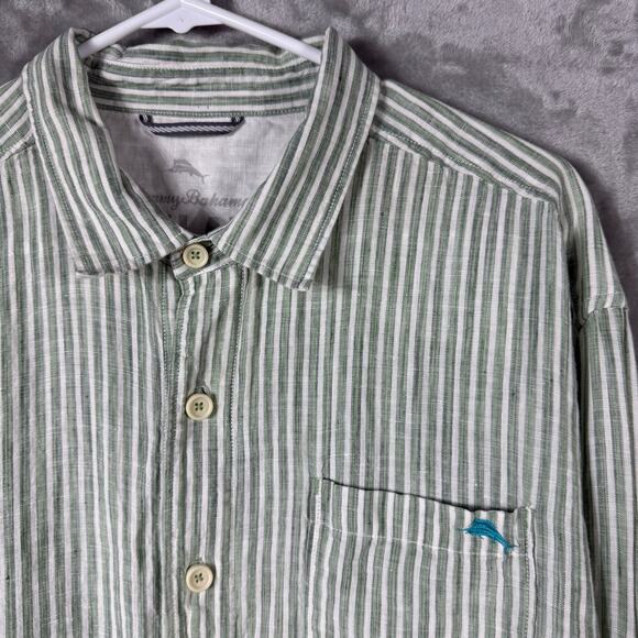Tommy‎ Bahama Relax Button Shirt Mens XL Linen Striped Green - Picture 10 of 13